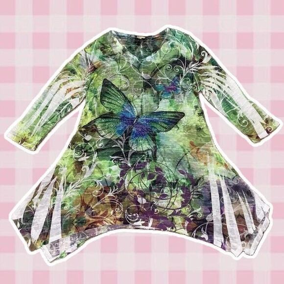 Jess & Jane Vintage Y2K Green Butterfly Floral Fairycore Boho Rhinestone Blouse - Picture 1 of 12